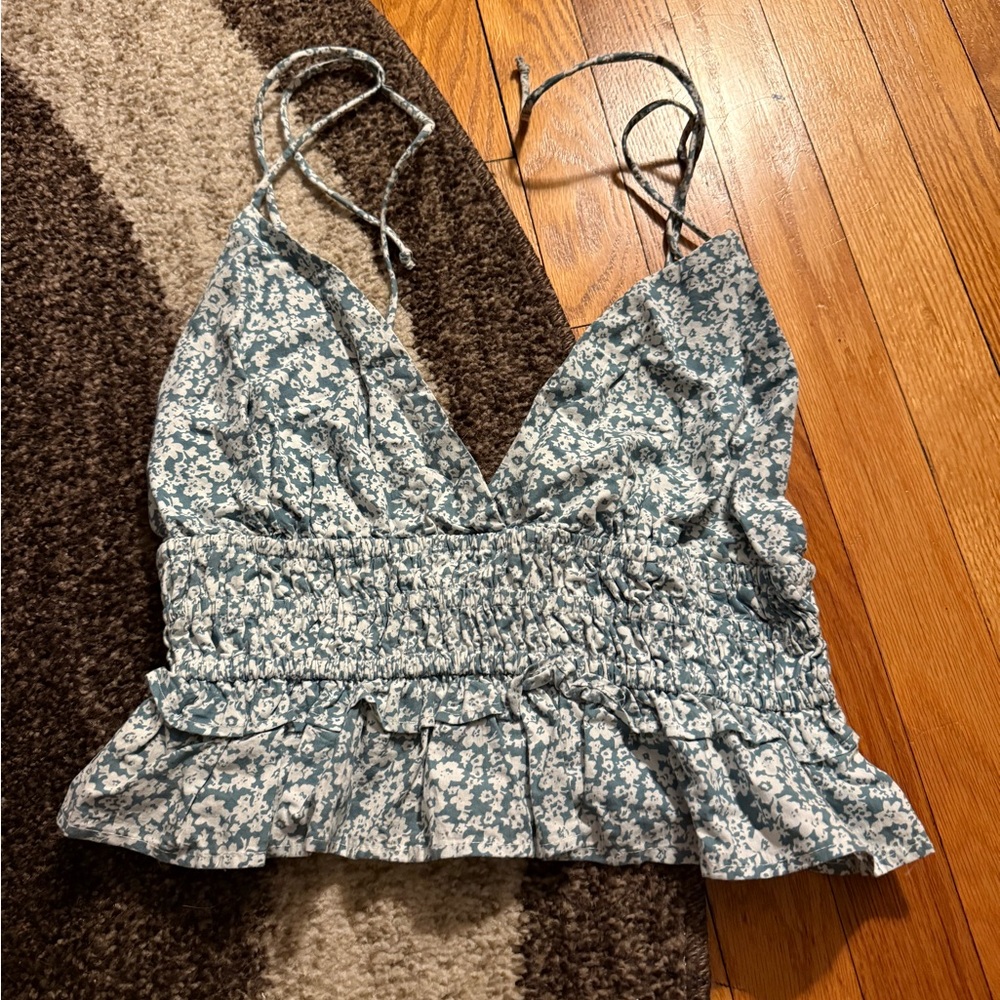 Elegant Blue Floral Smocked Camisole